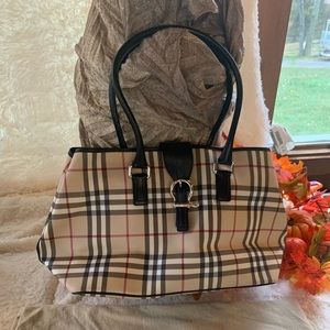 💯Burberry Coated Canvas Black Leather Tote